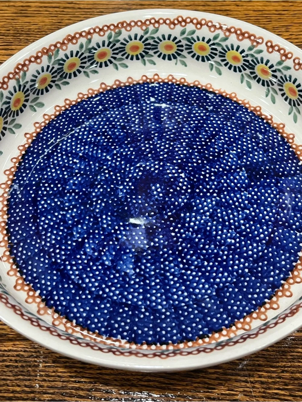Vintage Polish Pottery Handled Baking Dish / Pie Plate – Floral Blue & White